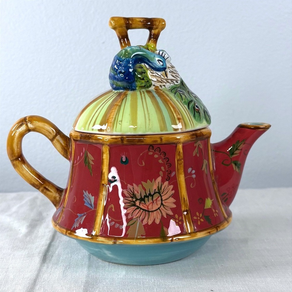 Tracy Porter Chinoiserie Peacock Ceramic Teapot Bamboo Style Floral